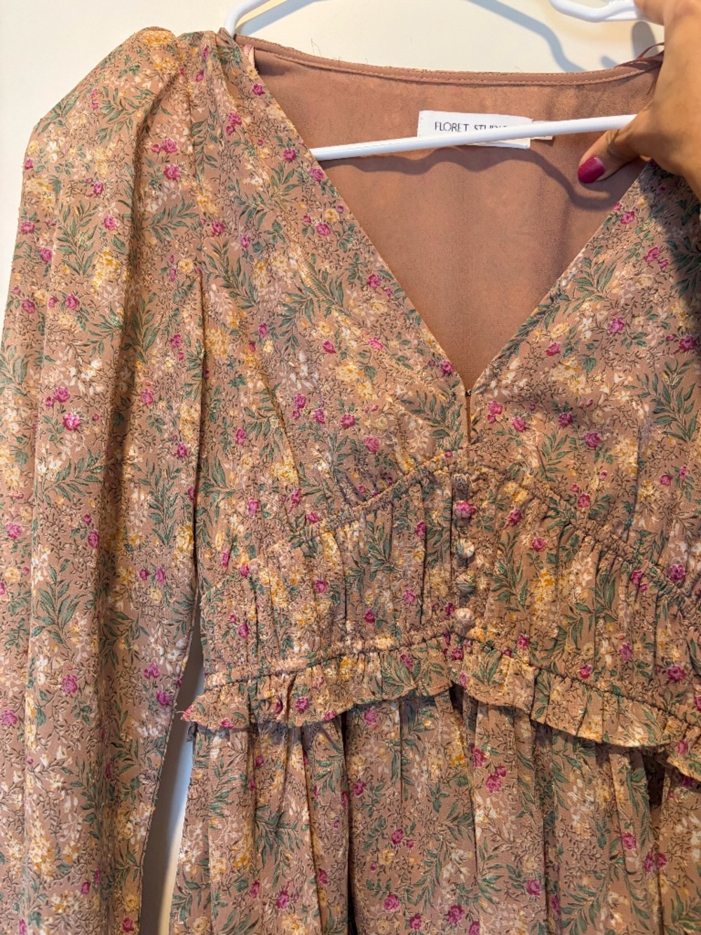 Floret Studios Floral Long Sleeve Mini Dress – Ruffle Waist & Lace Trim